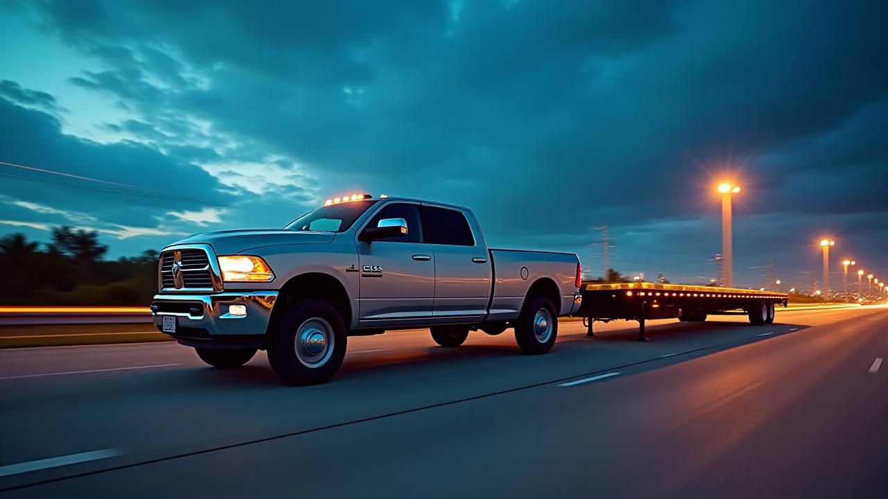 Hot shot truck RAM 3500 with gooseneck trailer in high-speed motion